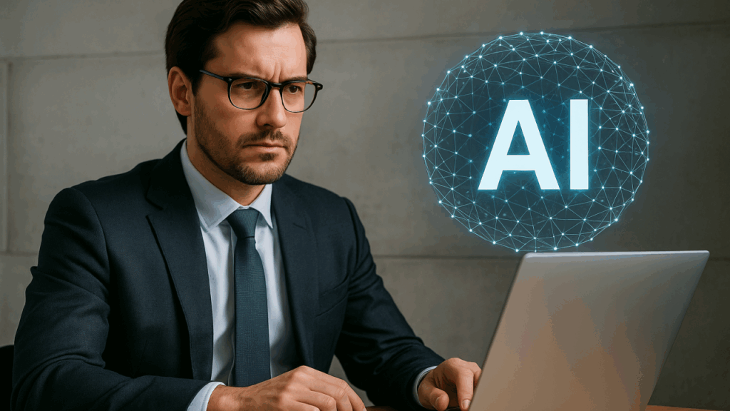 Person using AI chatbot on laptop symbolizing Dunning-Kruger Effect and overconfidence in artificial intelligence era.